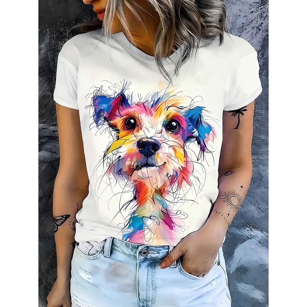 Women's T Shirt Print Graphic Animal Dog Stylish Classic Casual Short Sleeve Crew Neck Regular Tops Casual Daily Rainbow Summer Spring