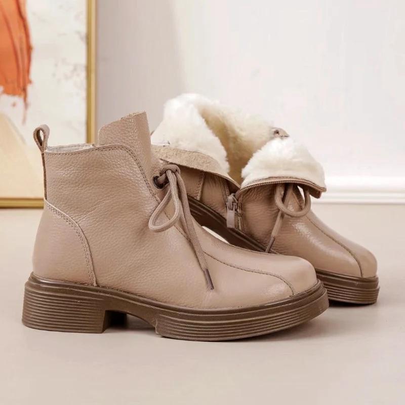 Genuine Leather Winter Shoes Women Snow Boots Warm Plush for Cold Winter Soft  Ladies Ankle Boots Black Big Size 41 DX650