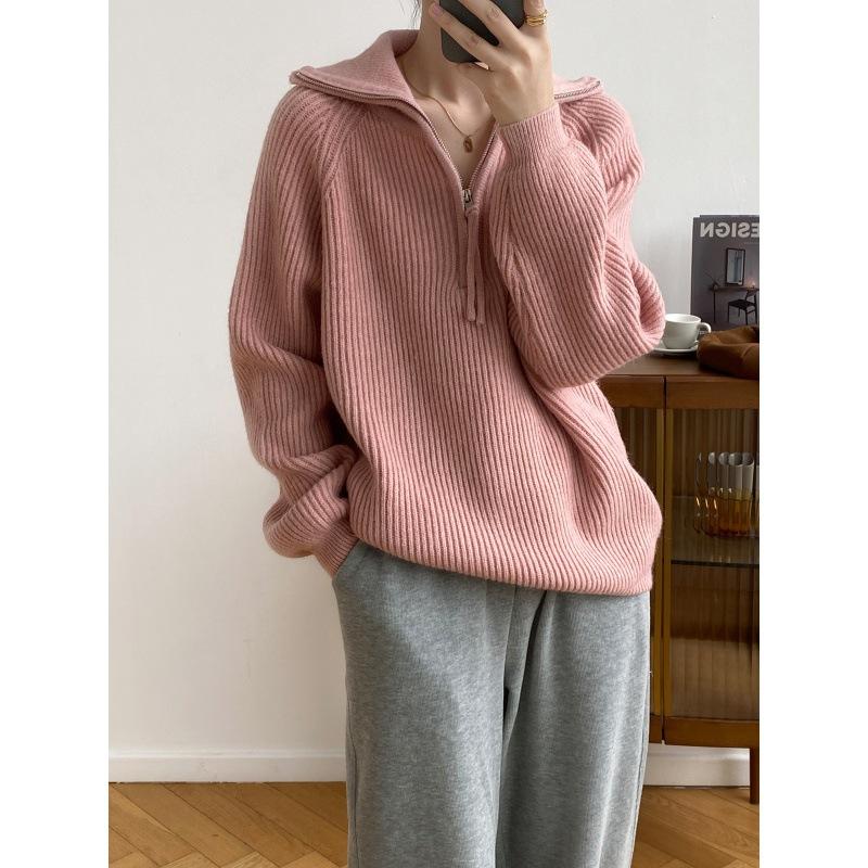 Lazy wind thickened lapel sweater women's autumn and winter soft waxy pullover zipper sweater knitted sweater jacket women