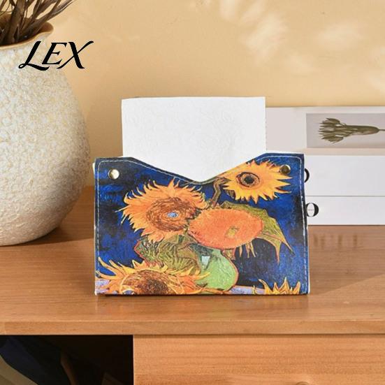 Student Desk Tissue Storage PU Leather Box Cover with Wild Rose/Sunflower Pattern, Foldable Desktop Organizer, Napkin Holder Modern Home Accessory