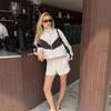 Women's Casual Sportswear Set Loose Fit Color Block Long Sleeve Zip Up Hooded Sweatshirt with Shorts 2 Piece Outfit