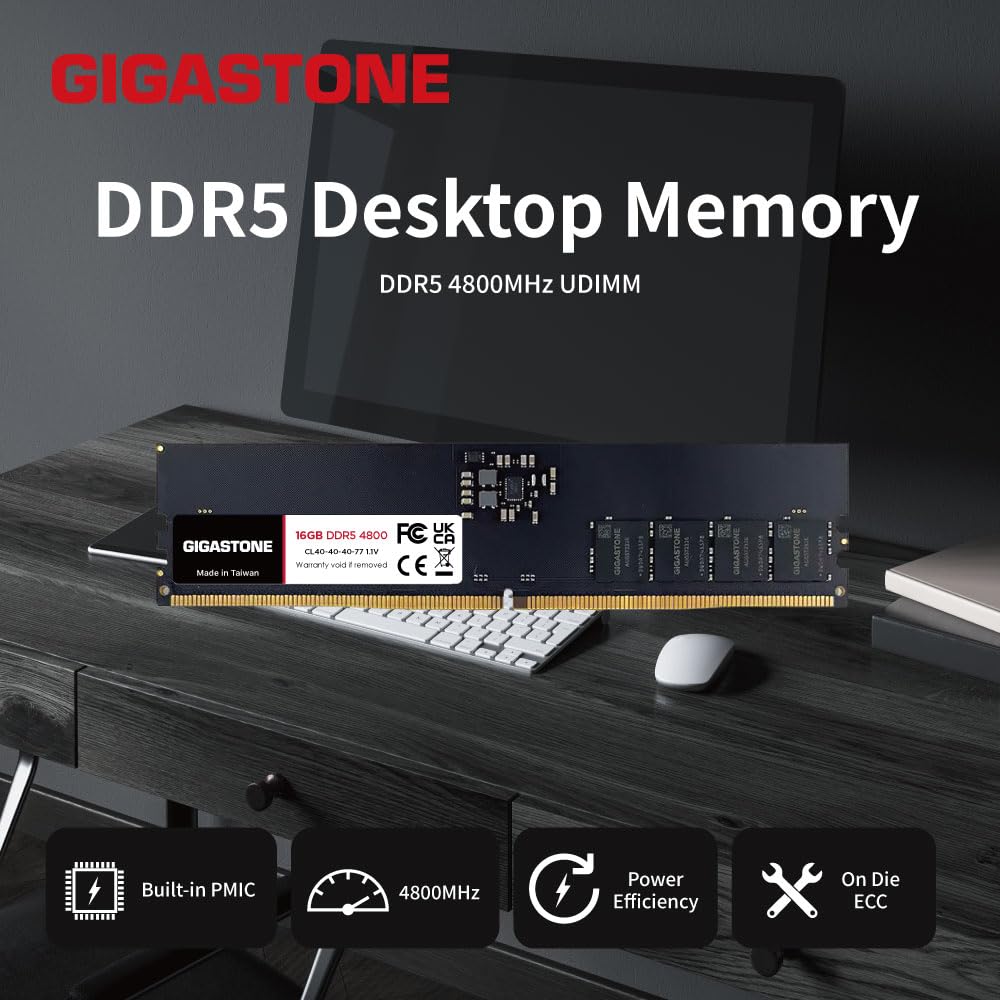 GIGASTONE 16GB X 4 DDR5 4800MHz CL UDIMM Unbuffered Memory Module Upgrade for Desktop PCs (64GB Kit) PC5-38400 40-40-40-77 1.1V 288-pin Non-ECC