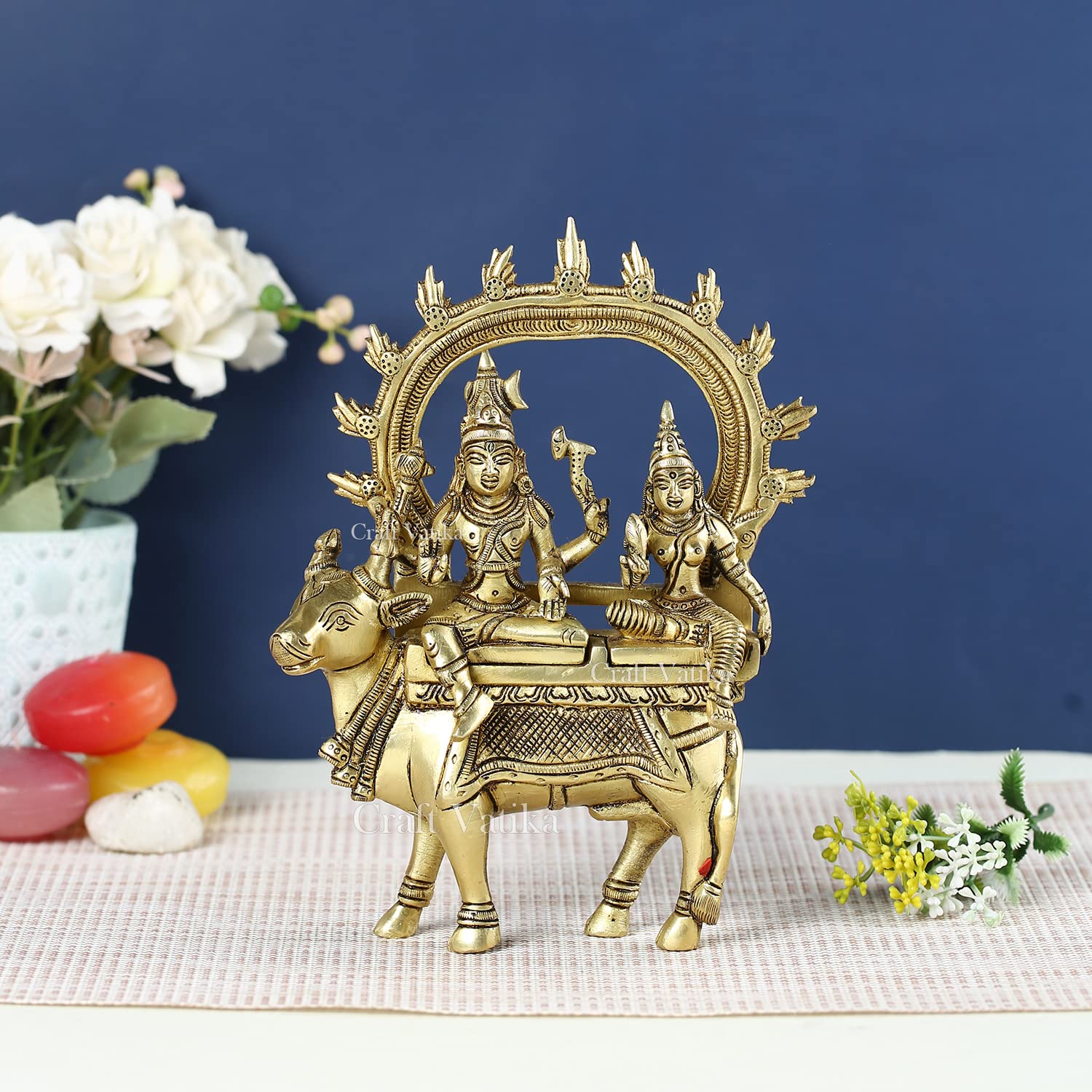 

100% Pure Brass Shiva Idol, God Shiva Parvati Idol Sitting On Nandi Statue