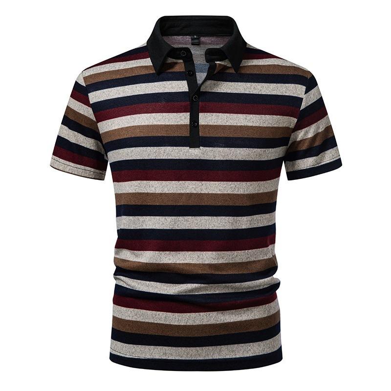 Summer New Men's Color Block Striped Lapel Short-sleeved T-shirt Men's Casual Loose T-shirt