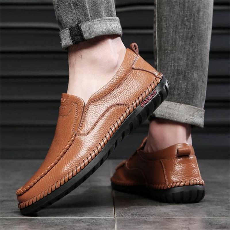 Business Genuine Leather Men Shoes Summer Slip on Loafers Breathable Men Casual Leather Shoes Black Flats Driving Shoe Moccasins