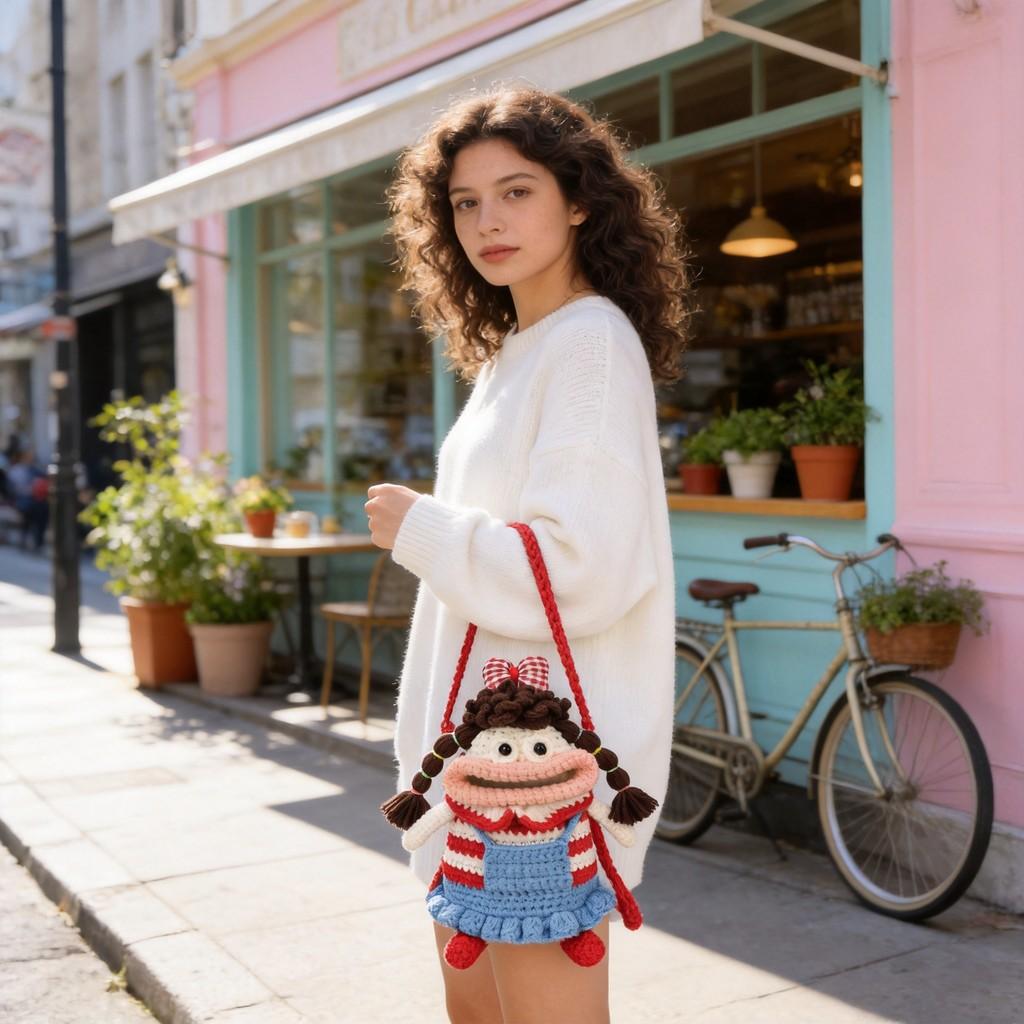 Knit Bag Handwoven Cartoon Shoulder Purse For Daily Use