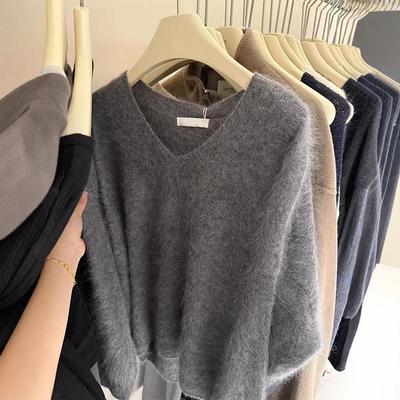 Lazy Wind Gray Pullover V-neck Mink Fleece Sweater Women's Autumn and Winter with Loose and Good-looking Knitted Sweater Top