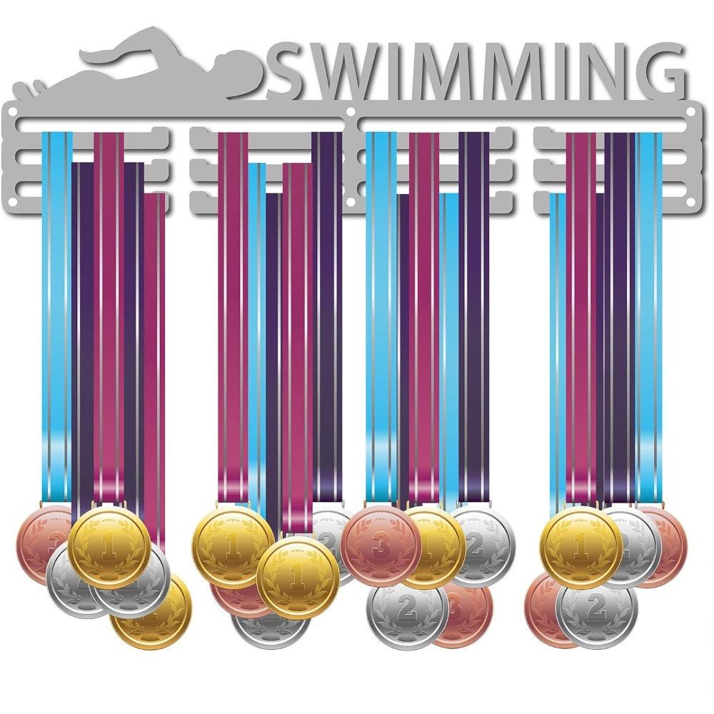 Metal Medal Display Rack Wall Mounted Holder Heavy Duty 20 Hooks for Sports Marathon Race Swimming Award Organizer Black 40x11cm