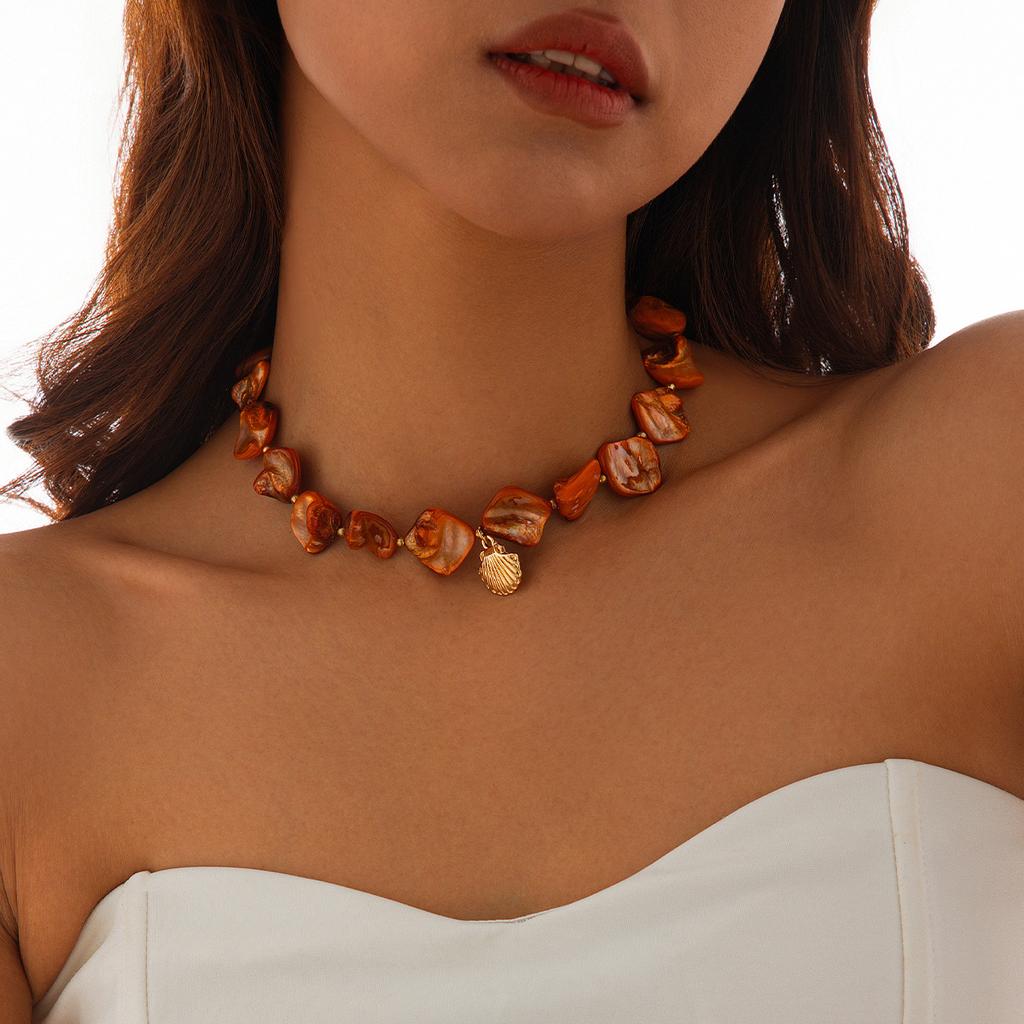 Retro Starfish White Shell Conch Pendant Necklace Women Simple Creative Colorful Stones Hand Woven beach Jewelry Girls