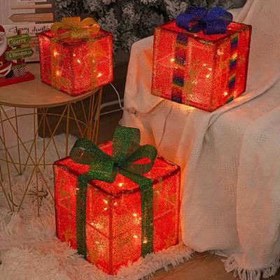 3 Pcs Christmas Lighted Gift Boxes with Bow LED Light Up Present Boxes for Indoor Outdoor Home Porch Xmas Tree Party Decor