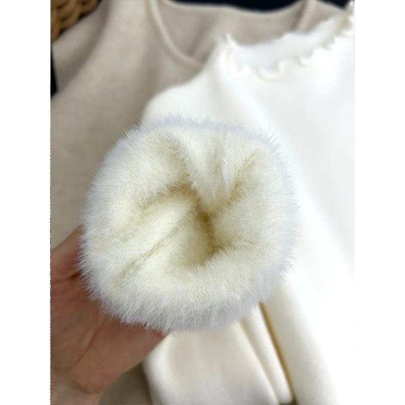 Women's Winter 2025 Fleece-Lined Frilled Knit Sweater Top with Half-High Neck