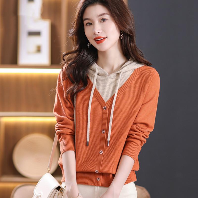 Hooded Knitted Women's Sweaters Fashion Casual Loose Outerwear Fake Two Piece Top Versatile Bottom Coat Sweater Women