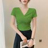 Women's Slimming Cross V-Neck Short Sleeve Cropped T-Shirt - Black Summer Outerwear