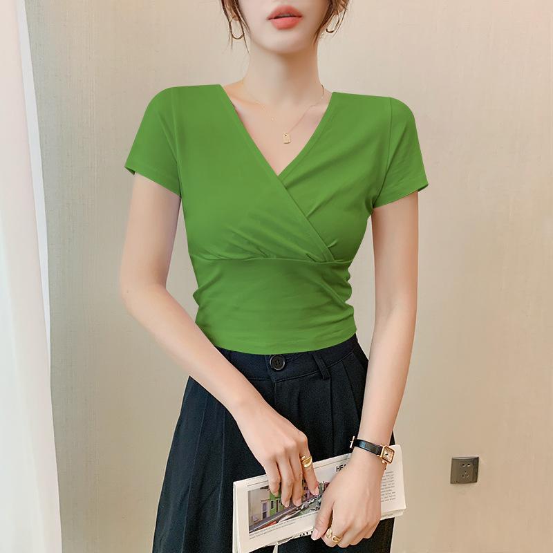 Women's Slimming Cross V-Neck Short Sleeve Cropped T-Shirt - Black Summer Outerwear