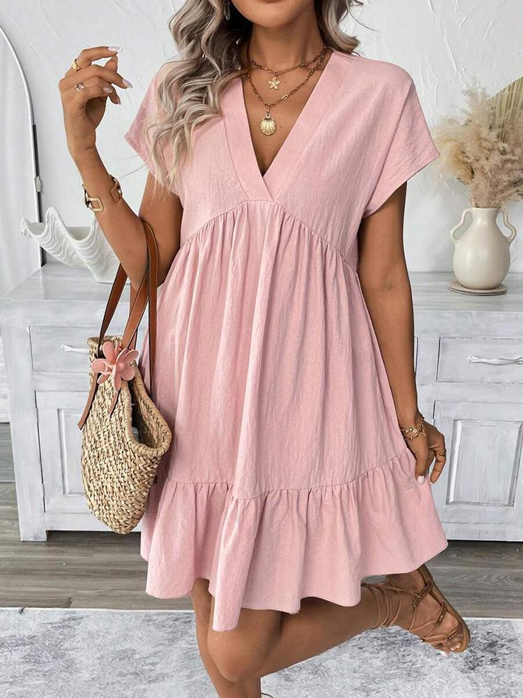 2025 European and American women s dress summer vacation wind ruffle leaf edge v-neck solid color loose short skirt European and American fashion S