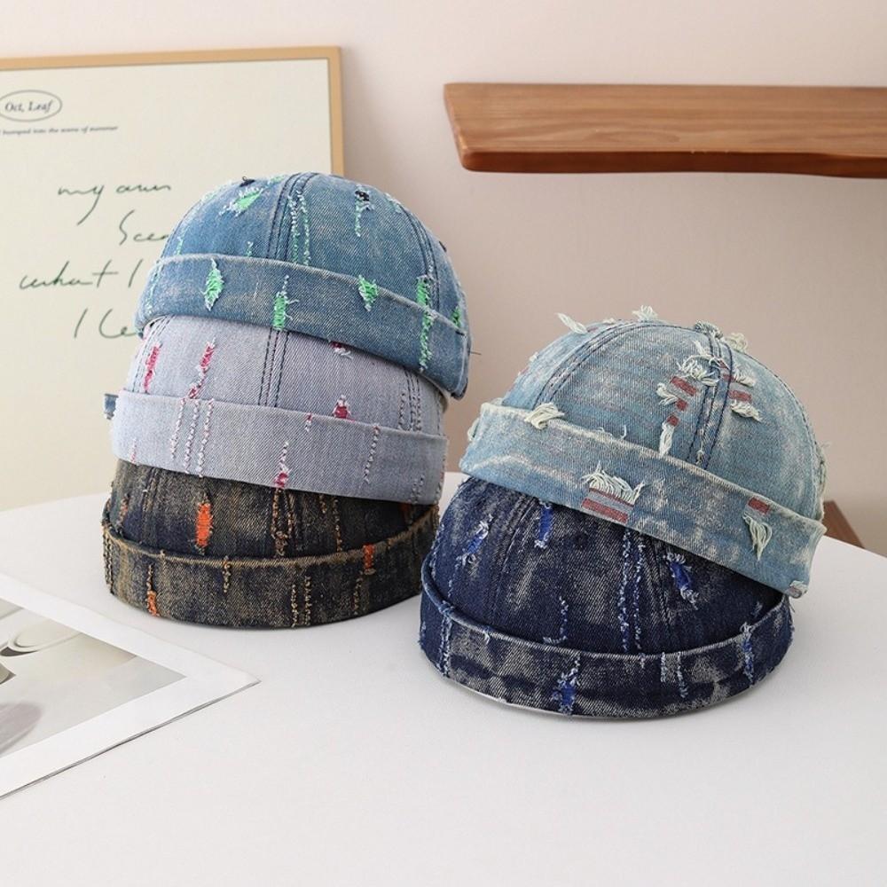 Frayed Edges Denim Docker Cap Cotton Polyester Blend Distressed Denim Hat Men Women
