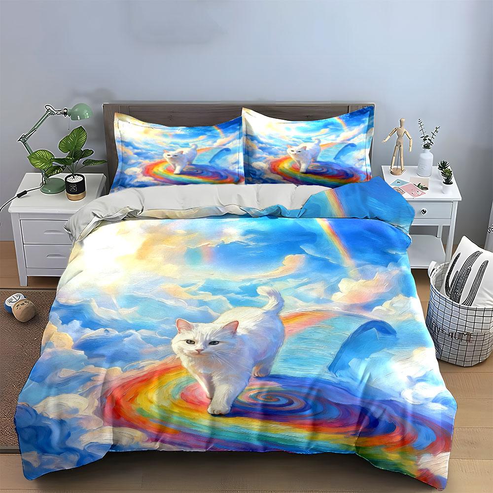 Rainbow Cat Artwork Decor Set Soft Comfortable Duvet Cover Bedding Set Included 1*Duvet Cover & 2*Pillowcases, Gift