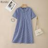 ZANZEA Women Casual Doll Collar Summer Short Sleeve Grid Print Dress