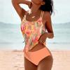Bikini Stampato a Vita Alta Diviso Costume da Bagno con Spallina Stampata da Spiaggia