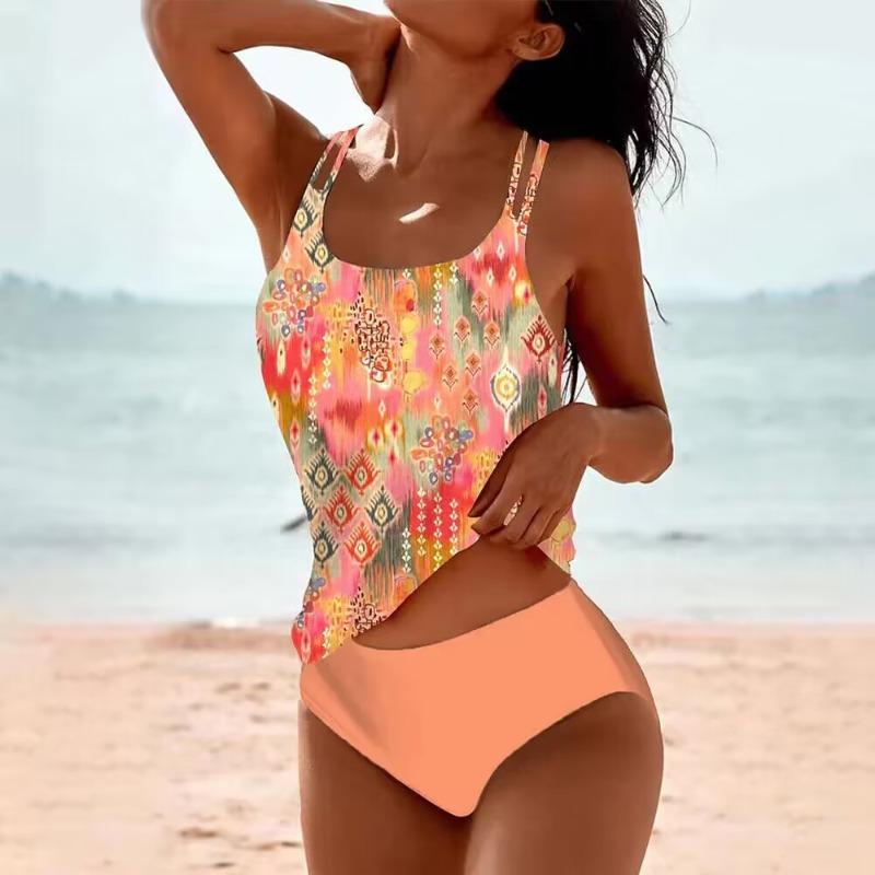 Bikini Stampato a Vita Alta Diviso Costume da Bagno con Spallina Stampata da Spiaggia
