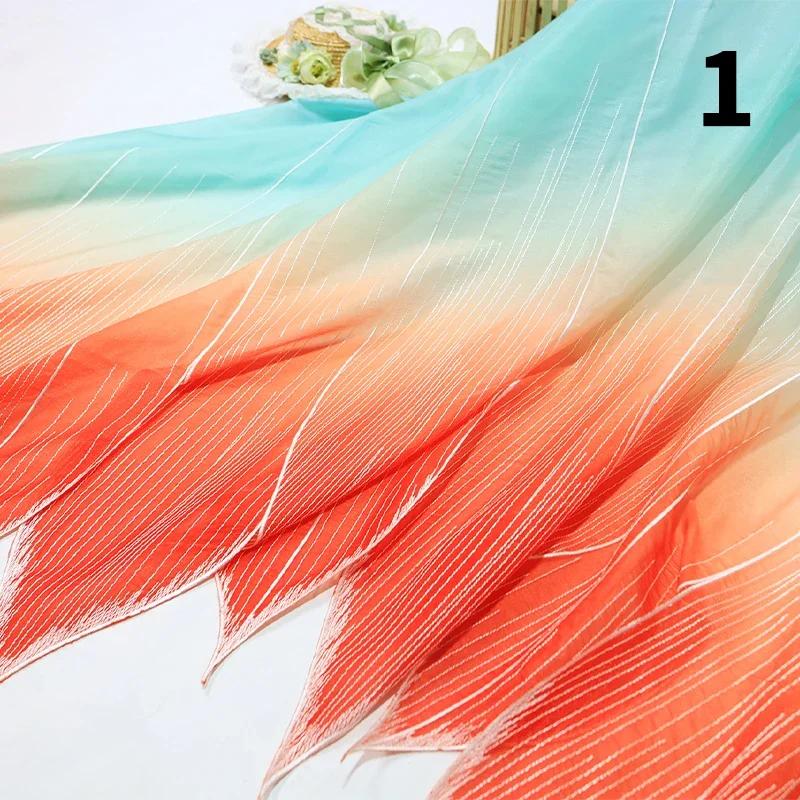 Chinese Hanfu Fabric 50X150Cm Chiffon Embroidery Diy Cloth for Hanfu Shirts, Gradient Leaf Print Soft Sewing Material for Dress