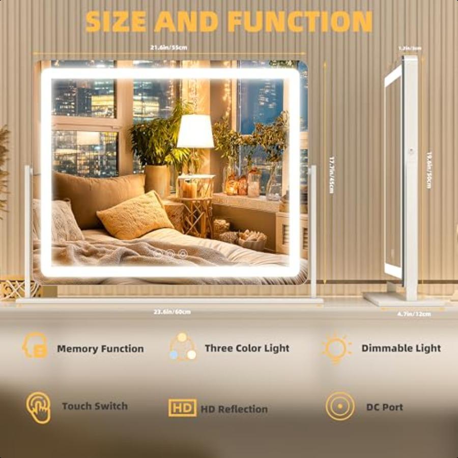 Vanity Mirror with Lights 23.6'' X 20'' Lighted Makeup Mirror Touch Screen with 3Color Lighting Dimmable for Vanity Desk Tablet