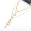 Gargantilla con colgante de cruz de rosa en tono dorado multicapa bohemia, joyería para mujer