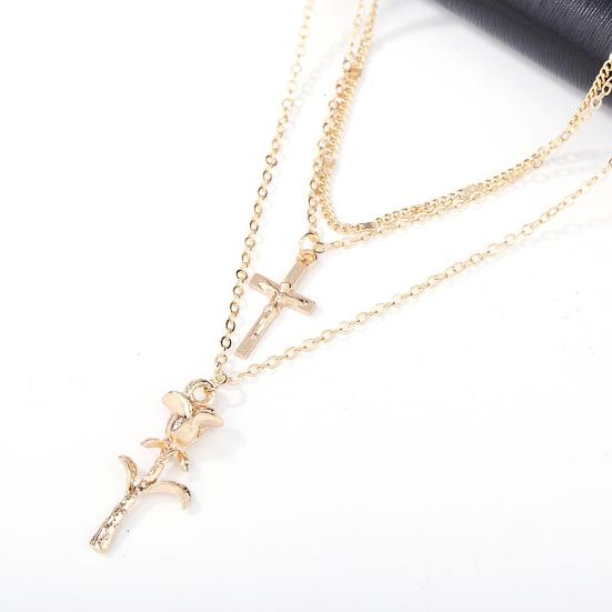Gargantilla con colgante de cruz de rosa en tono dorado multicapa bohemia, joyería para mujer