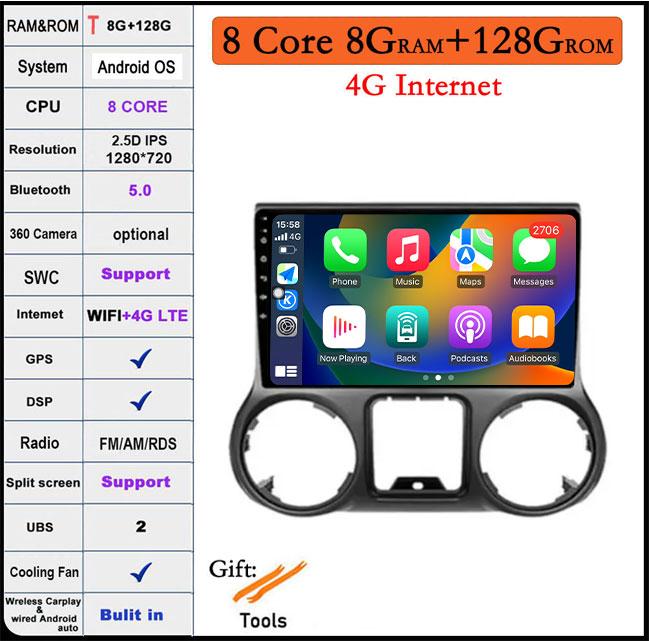 10.1 Inch Android 14 IPS QLED For Jeep Wrangler 3 JK 2011 - 2014 Car Video Stereo GPS Multimedia Player BT Carplay