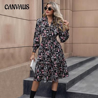 Frühlings-Damenkleid, Temperament, elegant, bedruckt, langärmelig, Blumenkleid