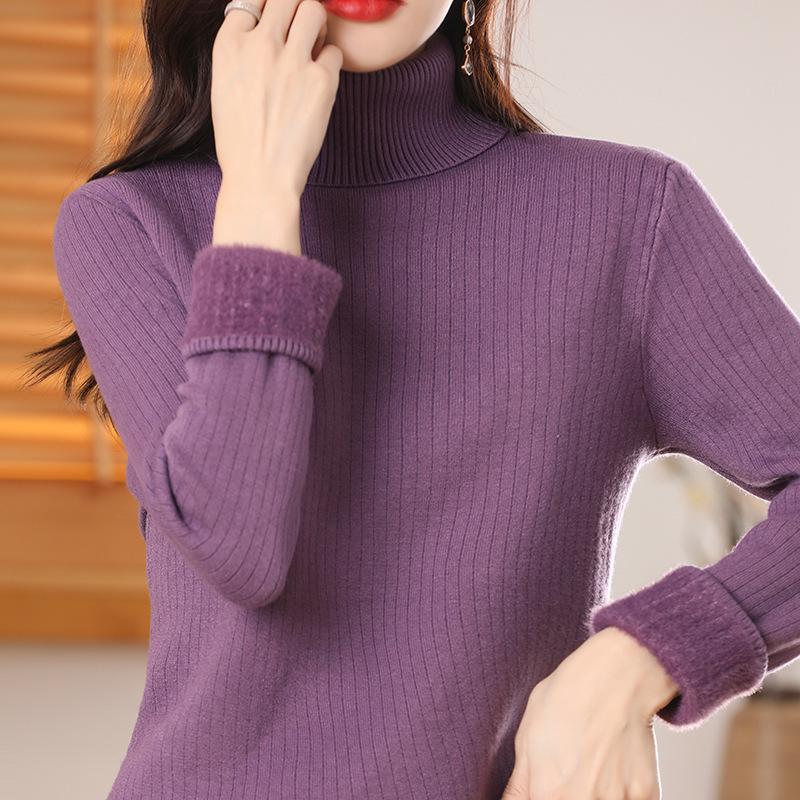 Ladies' 2023 Winter Velvet High-Neck Thick Sweater - Solid Color Long Sleeve Pullover Base Layer.