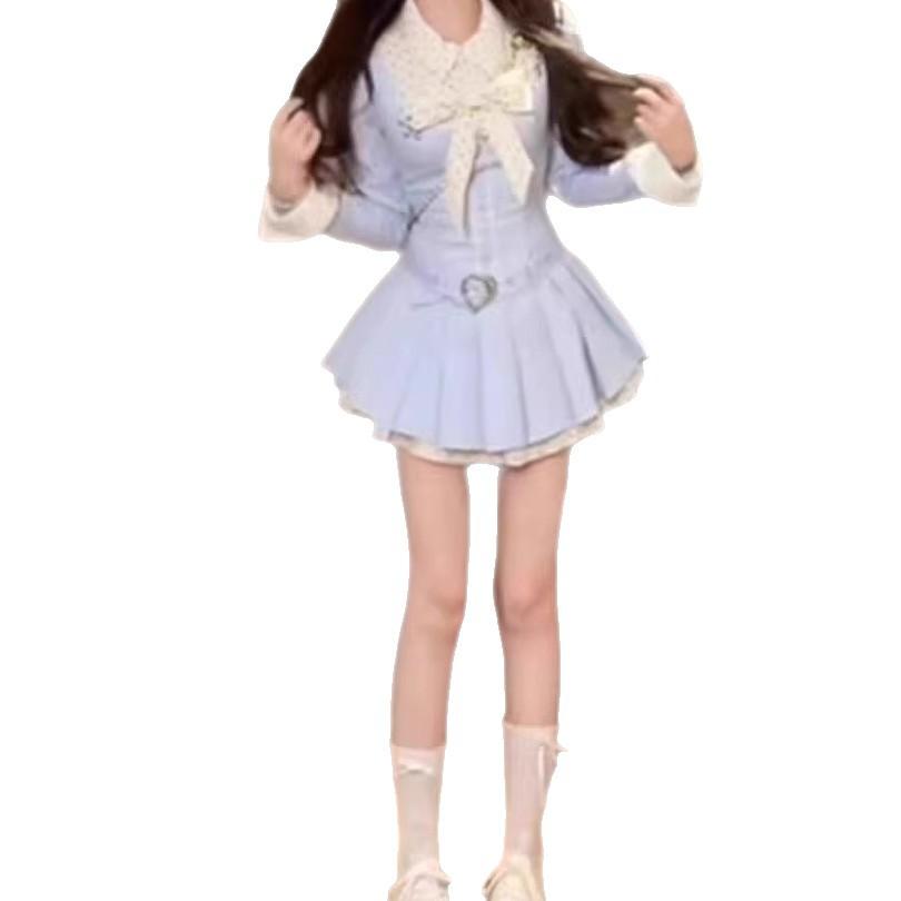 Sweet College Korean Shirt Dress Female Design Sense Long Sleeve Bow Contrast Color Skinny Dress