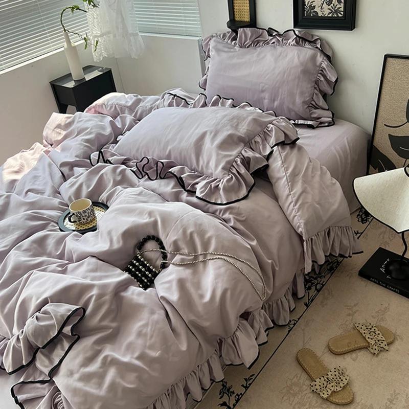 Four Piece Set of 180X220Cm Washed Ice Silky Bedding Korean Ruffled Quilt Cover for Bedroom Cooling Smooth Fitted Sheet Sets