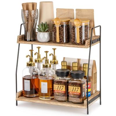 Countertop Coffee Station Organizer, 2 Tier Wooden Shelf for Coffee Bar Accessories, Condiment Storage Caddy for Kitchen, Home, Office