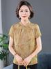 Women's Summer Stand Collar Jacquard Short Sleeve Shirt – Stylish, Comfortable Top with National Style