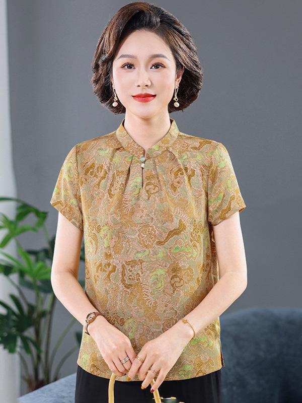 Women's Summer Stand Collar Jacquard Short Sleeve Shirt – Stylish, Comfortable Top with National Style