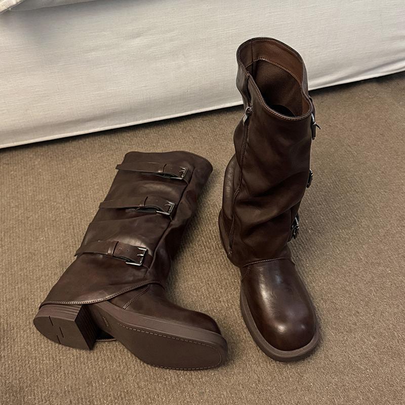 

Fashion Vintage Belt Buckle Woman Western Cowboy Boots Fashion Low Heel Knight Long Booties botas de inverno feminina 35 коричневый