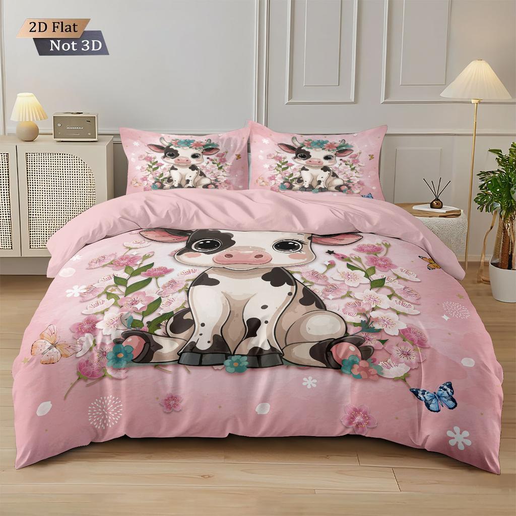 3pcs Valentine's Day Romantic Pink Cow Print Coreless Down Duvet Cover Set Comfortable Bedroom Bedding Decoration Machine Wash