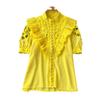 Women's Stand-up Collar Spring Embroidery Shirt Hollow Ruffled Lace Shirt Short-sleeved Solid Colour Ageing Splicing Shirt