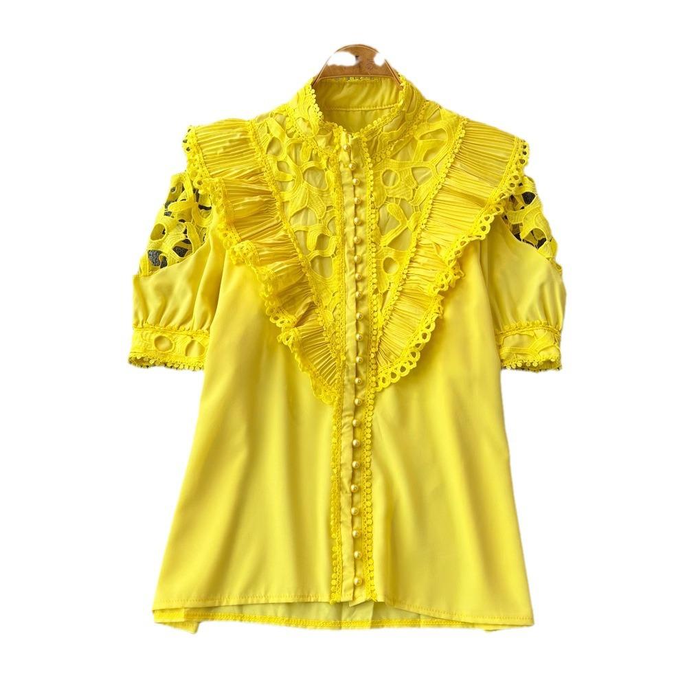 Women's Stand-up Collar Spring Embroidery Shirt Hollow Ruffled Lace Shirt Short-sleeved Solid Colour Ageing Splicing Shirt