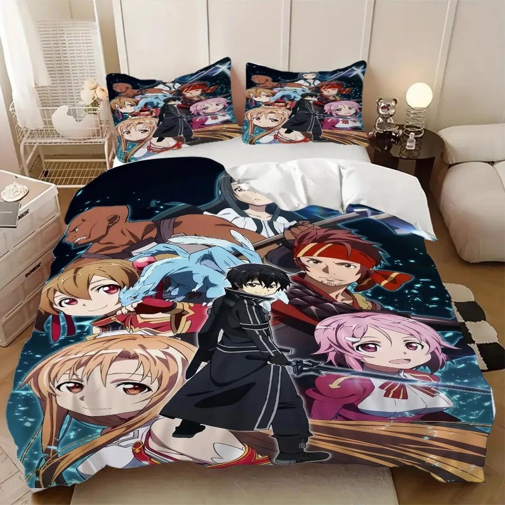 SAO Anime Art Print Bedding Set 3Pcs Kids Duvet Cover with Pillowcase 3D Digital Print for Boys Teens Bedroom Single/Double