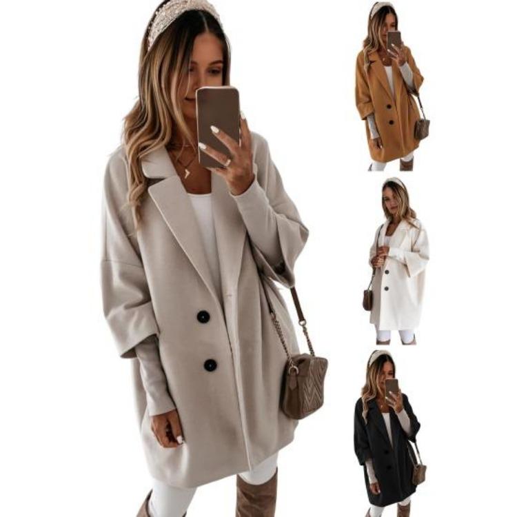 Winter Thermal Overcoat Women Double Breasted Thickened Loose Fit Coat Turn Down Collar Solid Color Pockets Three Quarter Sleeve Commuting Dating