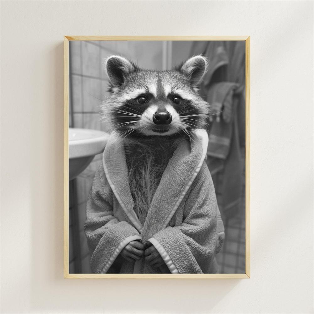 Lustiger Waschbär Wandkunst Druck Schwarz-Weiß Tier Dekor für Badezimmer Humor Dekor Für Toilette Lustiger Affe Badezimmer Poster