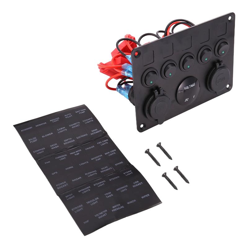 SXR-5 Gang 12V/24V Inline-Fuse Box LED Switch Panel Dual USB Car Boat Truck Camper