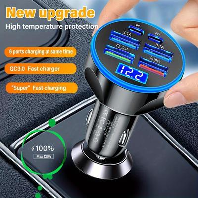 6-Port-Schnellladegerät fürs Auto, 120 W Multi-USB-Ladegerät mit 2 PD- und 4 USB-Anschlüssen, QC3.0-Superschnellladen für Mobiltelefone, Tablets