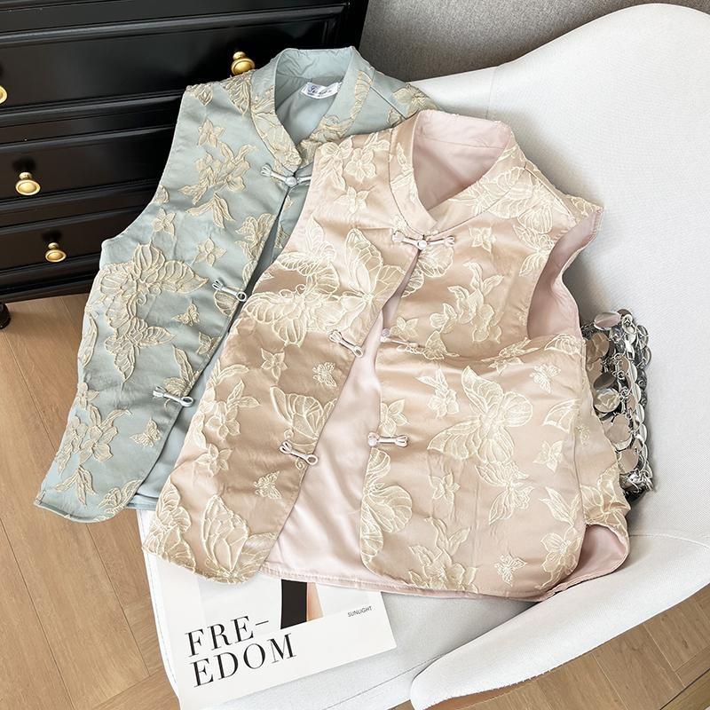 Temperament high-end vest butterfly wind early spring women's embroidery stand-up collar jacquard disc buckle sleeveless