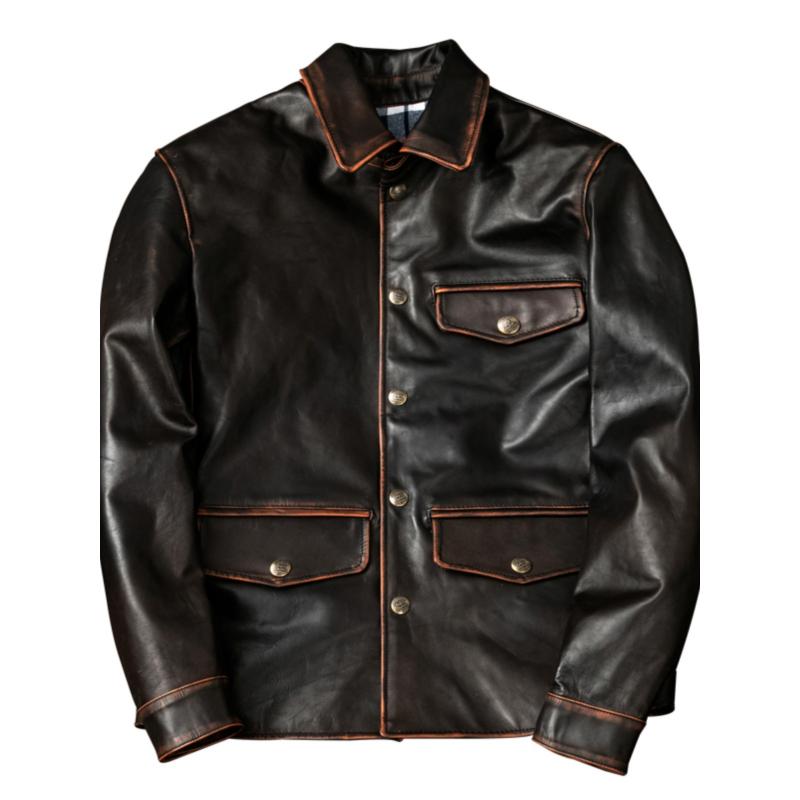 Vintage Hand Rubbed Tea Core Horsehide Leather Jacket Men Slim Fit Dispatcher Casual Coat