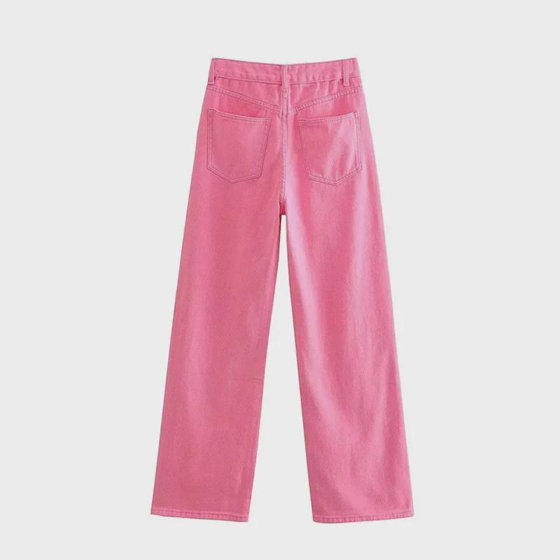 Jeans rosa petite a vita alta stile coreano a gamba larga - Estivo da donna vestibilità ampia