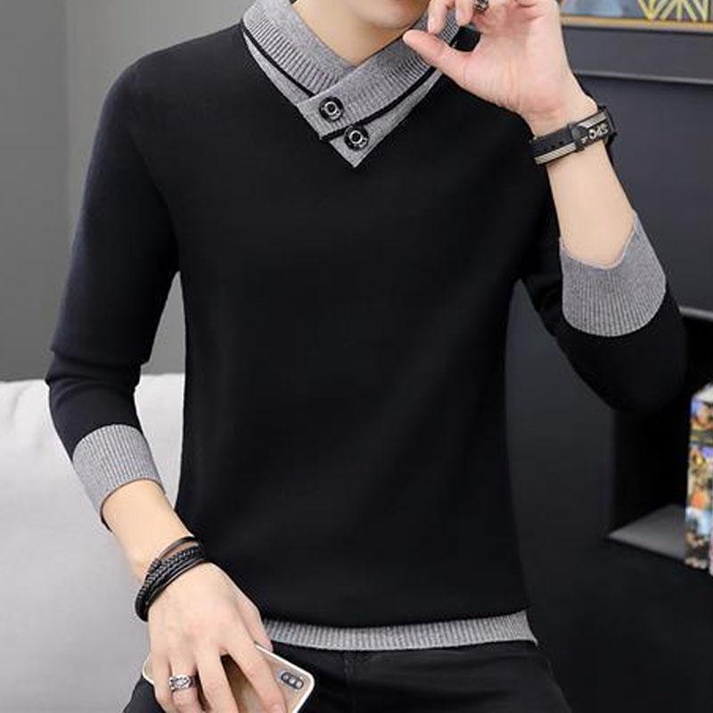 Autumn Winter Men's Turtleneck Thick Long Sleeve Sweaters Korean Trend Solid Color Spliced Knitted Pullovers Male Clothes