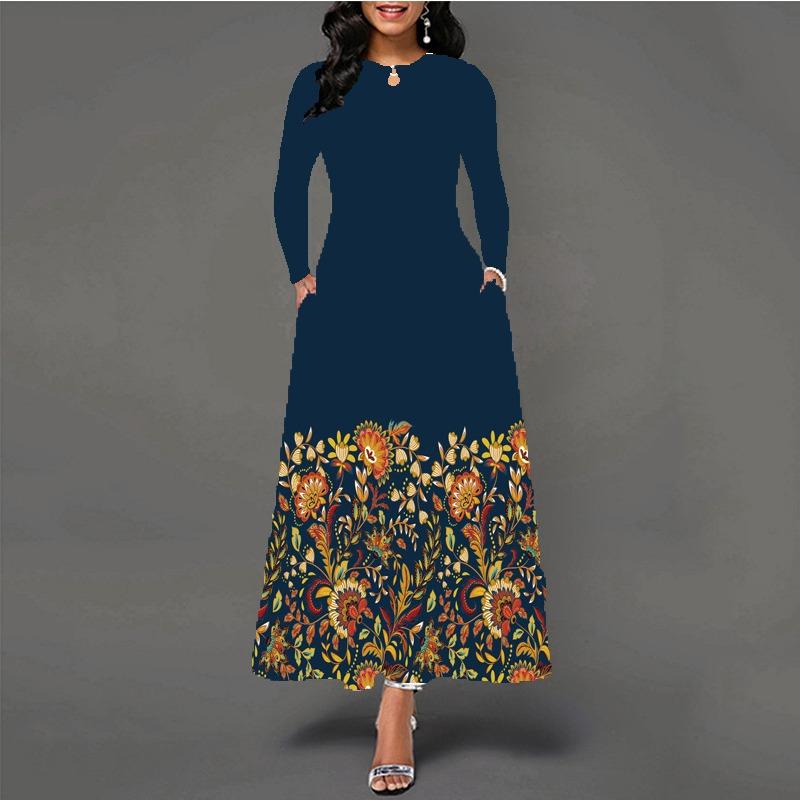 Women's large-size dress digital printing long-sleeved pendulum D temperament elegant